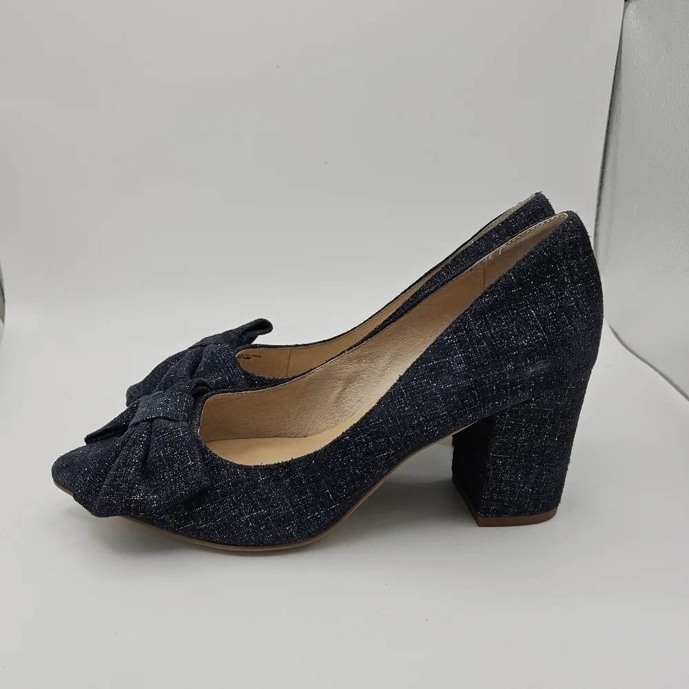 kate spade blue shimmer chambray pointed toe block heels with bow size 6.5